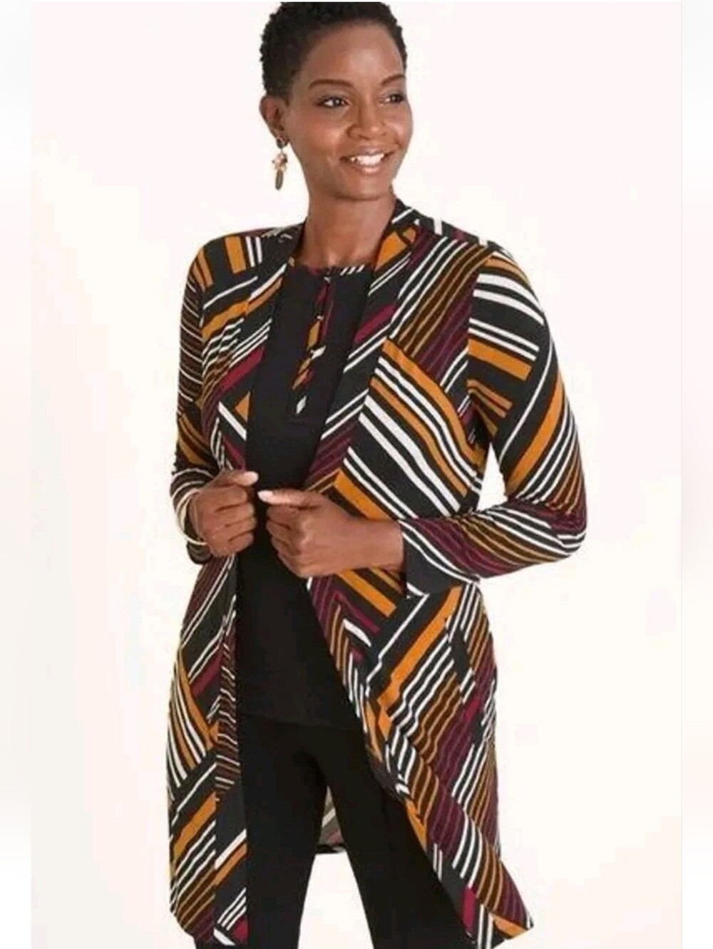 Chico's Long Geometric Striped Open Front Cardigan Size-3P(US XLP)